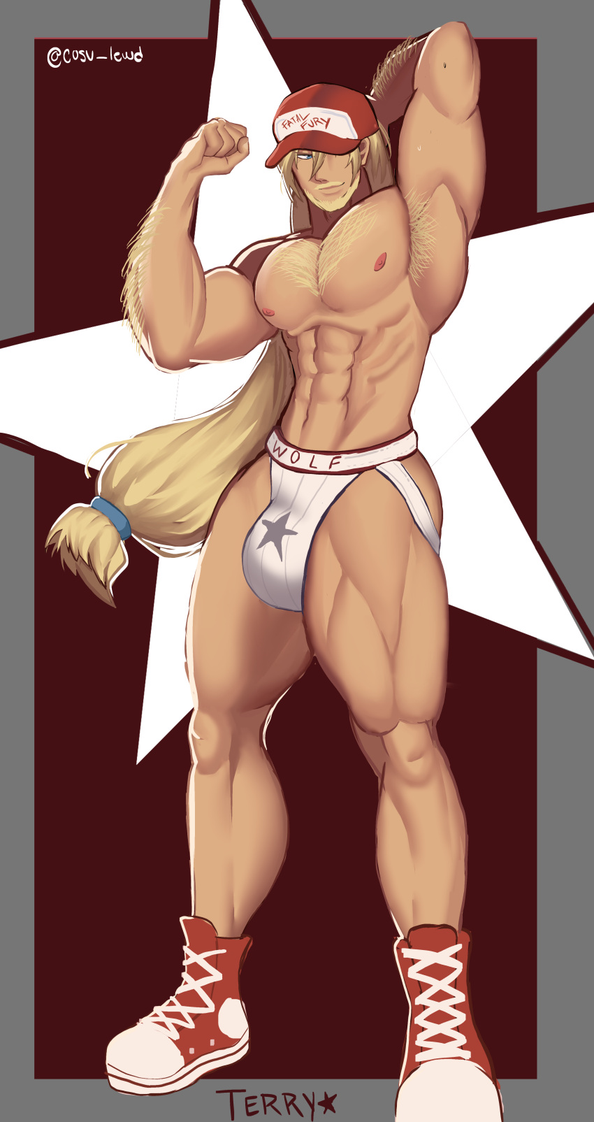 armpits athletic bara beard big_bulge big_pecs big_penis blonde_hair blue_eyes bulge converse cosu_nya daddy fatal_fury gay hairy_armpits hairy_forearms hairy_pecs jockstrap king_of_fighters long_hair male male_only muscular red_vest solo super_smash_bros. terry_bogard thick_ass thick_pecs thick_thighs white_t-shirt