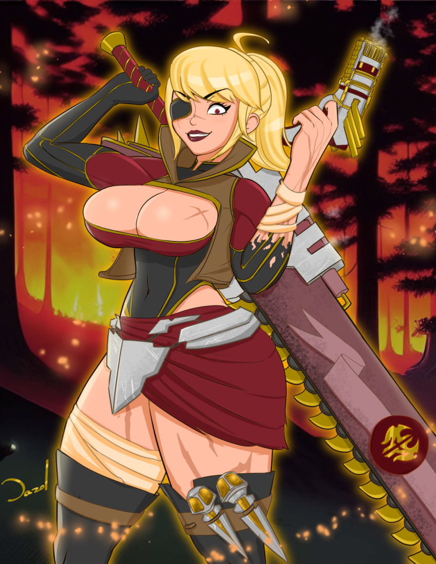 alternate_costume alternate_hairstyle alternate_skin_color big_breasts chainsword cleavage dazol eyepatch fire gun humanoid large_breasts league_of_legends light-skinned_female lipstick long_hair looking_at_viewer noxus_symbol pistol ponytail samira_(league_of_legends) scars scars_all_over skirt tagme