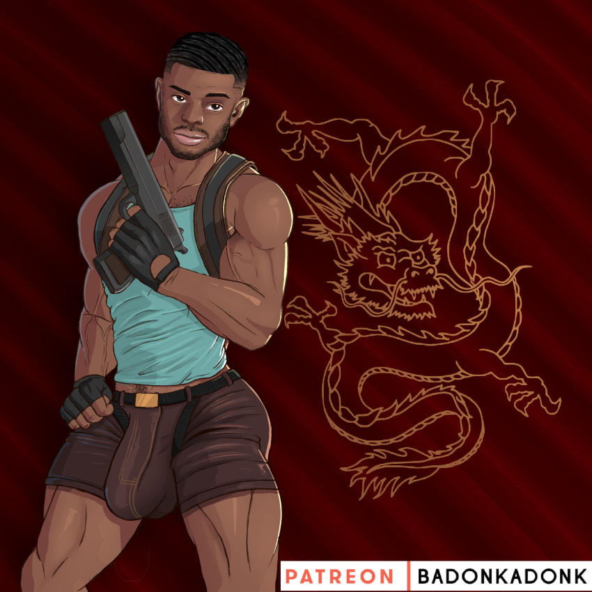 1boy 1human 1male 2d 2d_(artwork) 2d_artwork badonkadonkart beard brown_skin bulge bulge_through_clothing fanart lara_croft_(cosplay) male male_focus male_only smiling solo solo_focus solo_male tomb_raider very_dark_skin