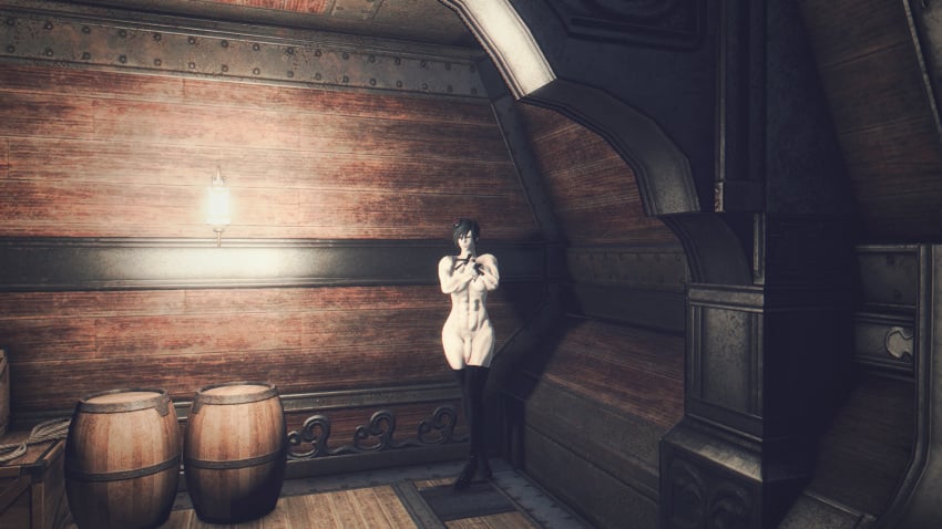 3d artist_request big_penis crown erection final_fantasy final_fantasy_xiv futanari gpose(ffxiv) hugging_self humanoid humanoid_penis nude penis roegadyn_futa ship sitting_on_barrel solo source_request thigh_boots