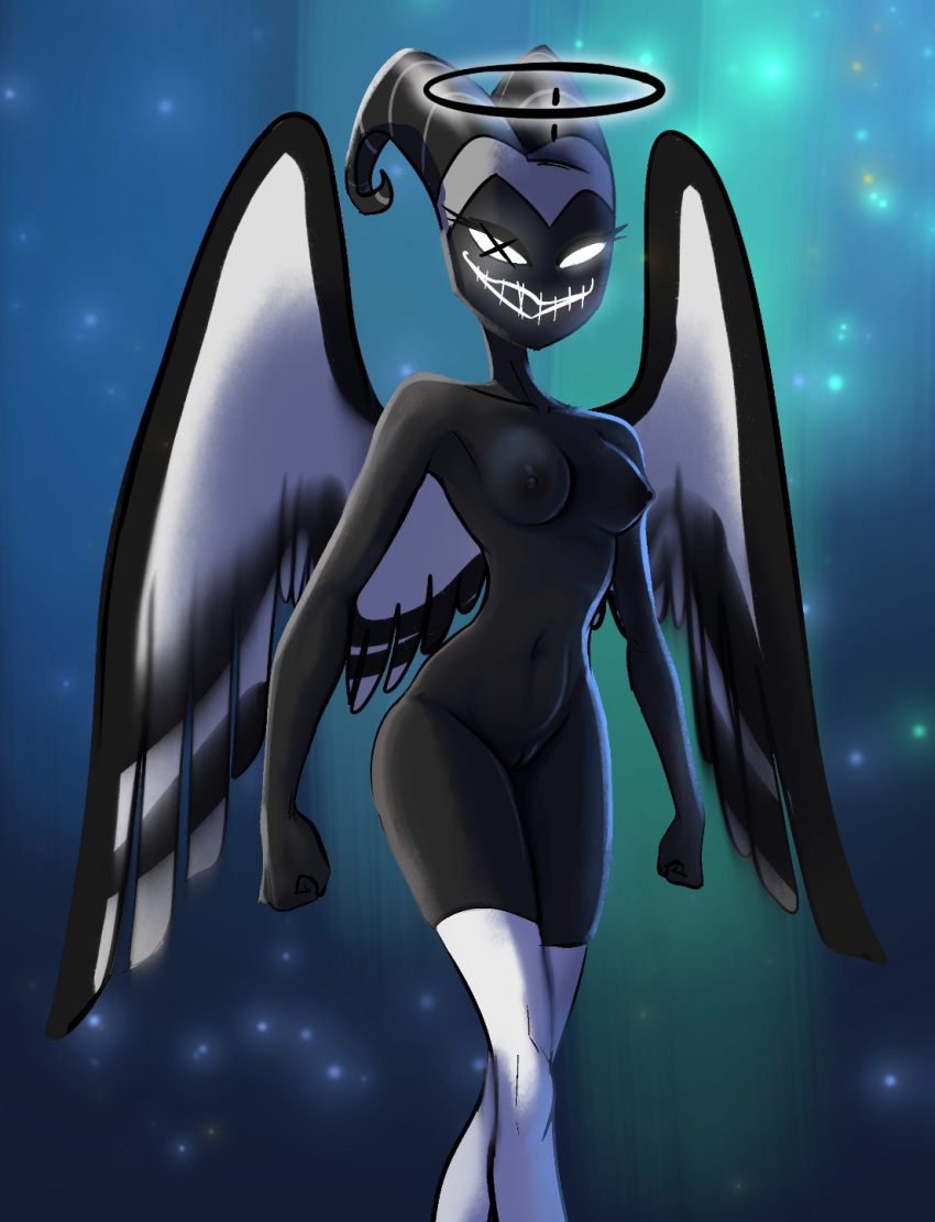 angel angel_humanoid athletic_female black_body black_feathers breasts devilsroost exorcist_(hazbin_hotel) feathers female female_only genitals glowing glowing_eyes grey_body grey_feathers halo hazbin_hotel helmet hi_res horn humanoid lute_(hazbin_hotel) nipples open_mouth open_smile pussy simple_background smile solo thick_thighs third-party_edit wings