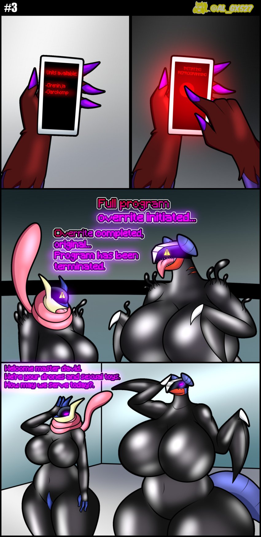 ! 1boy 2girls 2girls1boy al_gx android anthro anthro_only big_ass big_breasts big_butt brainwashed brainwashing breasts commission dialogue dominant_male drone droneification dronesuit female furry furry_only garchomp greninja hacking latex latex_suit lycanroc male/female mind_control part_of_a_set part_of_comic pokemon pokemon_(species) reprogramming salute saluting screen screen_face skinsuit thick_thighs tongue tongue_out visor