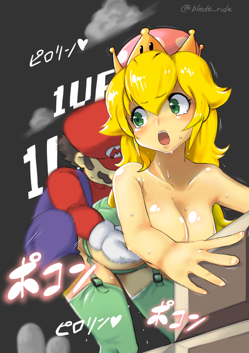 1boy 1up :o blade_ride blonde_hair blue_overalls blush breasts clothed_sex cloud commentary_request doggy_style facial_hair female garter_straps genderswap_(mtf) green_eyes green_legwear heart highres human humanoid koopa_troopa koopette large_breasts long_hair male_human/female_humanoid mario mario_(series) moustache new_super_mario_bros._u_deluxe nintendo overalls personification red_hair red_shirt rule_63 sex shirt stairs standing_sex super_crown super_mario_bros. super_mario_bros._(nes) sweat thighhighs topless translation_request turtle_shell twitter_username