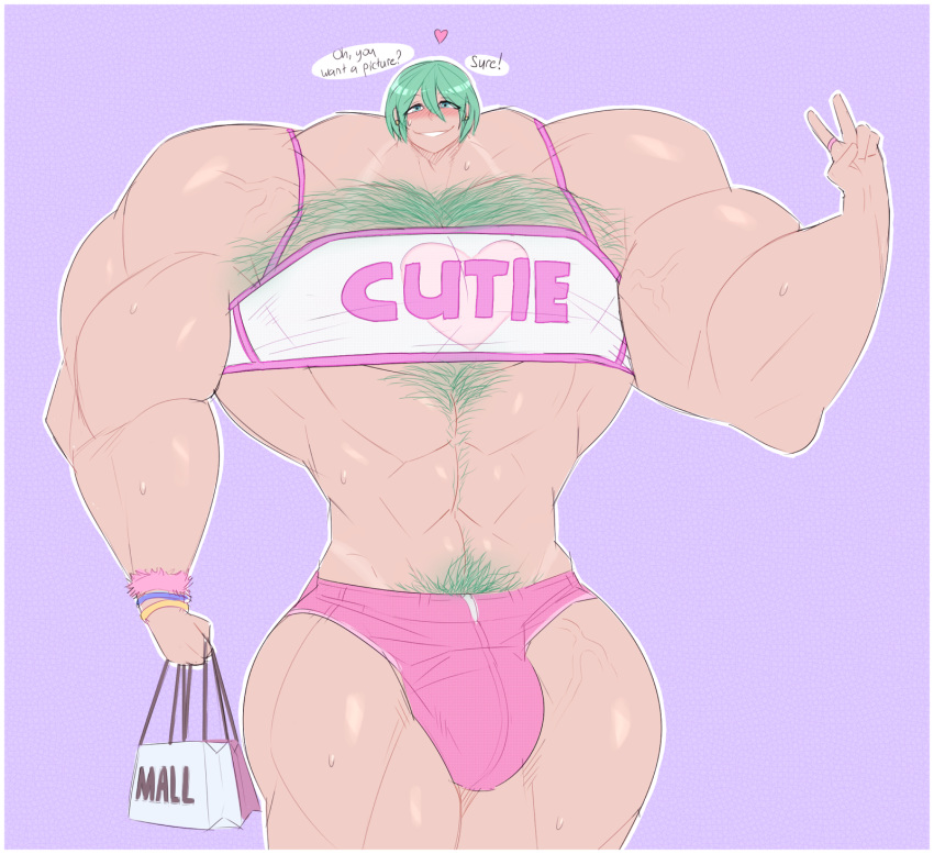 1boy bags blush bulge english_text extreme_muscles femboy green_eyes green_hair hairy_chest hairy_male heart hirsute hyper_muscles male male_only octoboy posing see-through_shirt short_shirt short_shorts small_head smile solo standing sweat talking_to_viewer tanline text v what wristband