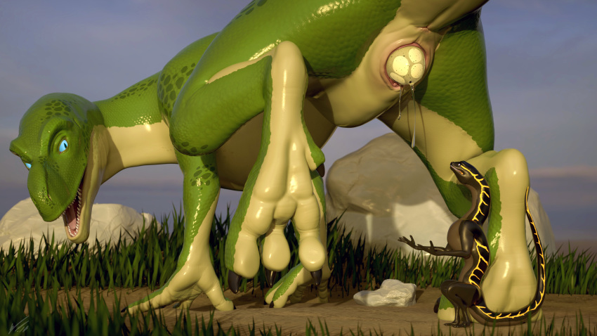 2018 3d anus ass detailed_background dinosaur duo egg egg_laying female hi_res jinnoaka larger_female looking_back male outside paws presenting presenting_hindquarters presenting_pussy pussy scalie size_difference straight theropod verde whiteperson