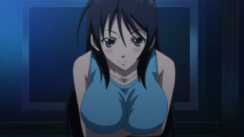 1girls animated black_hair blush bouncing_breasts breasts female female_only flashing indoors kotobuki_yuri large_breasts long_hair looking_at_viewer night nipples nozoki_ana screencap shirt_lift solo undressing upper_body wink