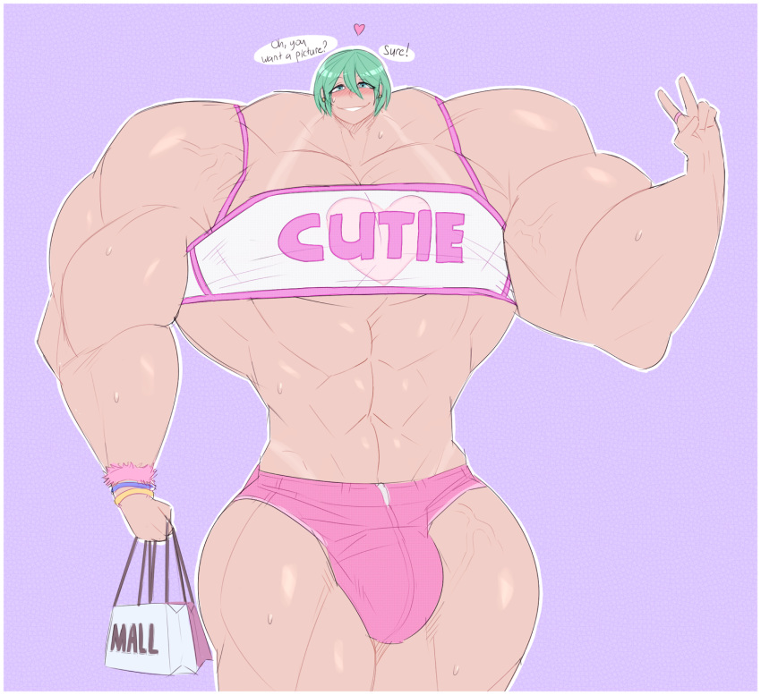 1boy bags blush bulge english_text extreme_muscles femboy green_eyes green_hair heart hyper_muscles male male_only octoboy posing see-through_shirt short_shirt short_shorts small_head smile solo standing sweat talking_to_viewer tanline text v what wristband