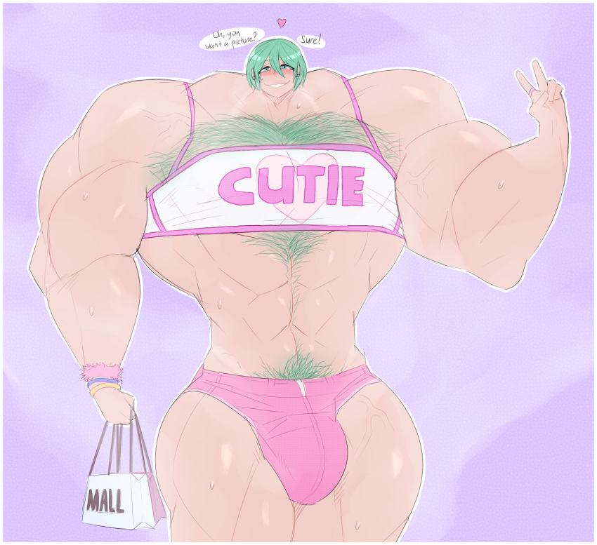 1boy bags blush bulge english_text extreme_muscles femboy green_eyes green_hair hairy_chest hairy_male heart hirsute hyper_muscles male male_only octoboy posing see-through_shirt short_shirt short_shorts small_head smell smile solo standing sweat talking_to_viewer tanline text trap v wristband