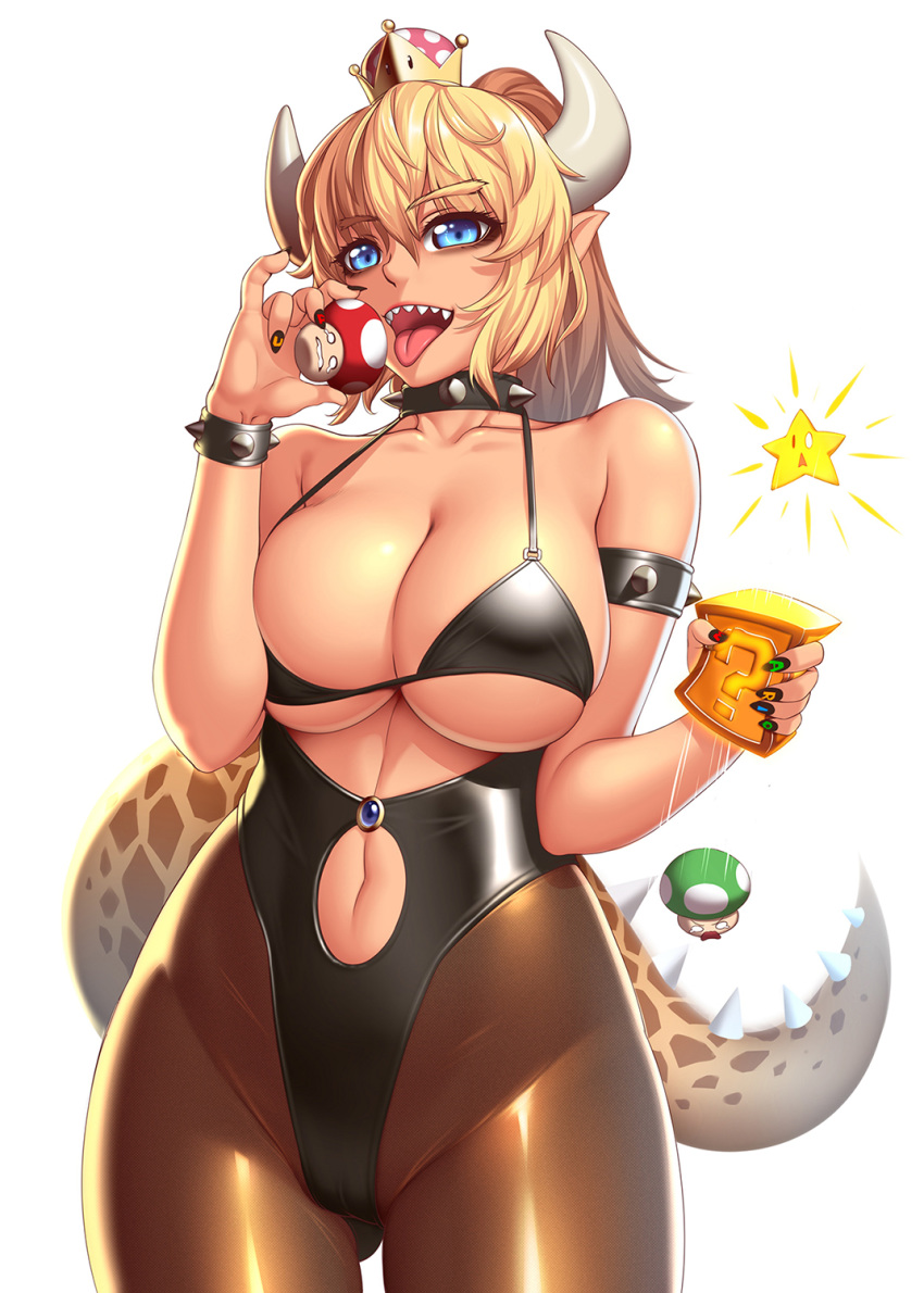 big_breasts blonde_hair blue_eyes bowsette bra breasts cleavage female female_only genderswap large_breasts looking_at_viewer lucknight mario_(series) new_super_mario_bros._u_deluxe nintendo open_mouth solo tongue tongue_out