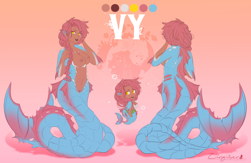 chibi cute female fish gradient_background humanoid magic marine merfolk model_sheet nipples nude pink_background pussy sheet_(disambiguation) simple_background siren solo split_form unknown_species zingiber