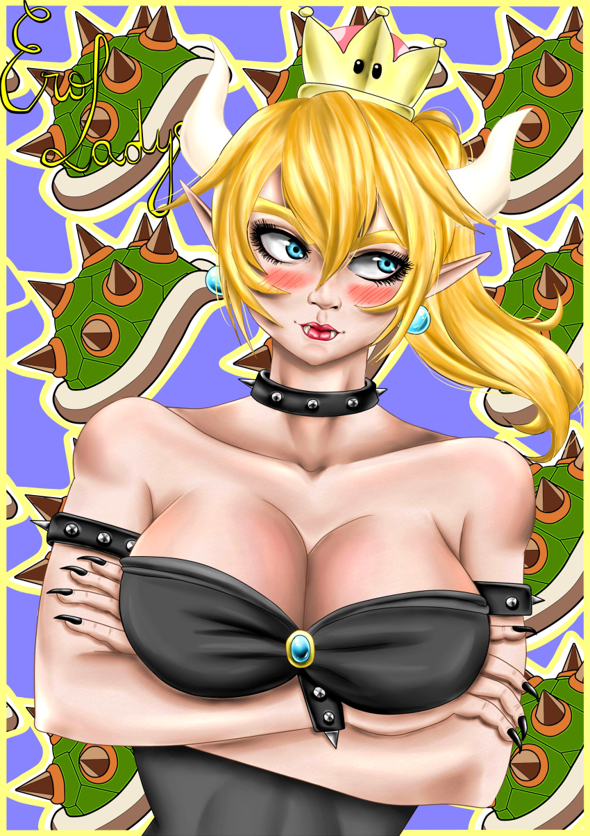 arms big_breasts black_dress black_nails blonde_hair blue_eyes bowsette breasts crossed_arms crown dragon dress erolady female female_focus female_only gender_transformation genderswap horn horns huge_breasts lips mario_(series) nails new_super_mario_bros._u_deluxe nintendo shy spiked_bracelet spiked_collar spikes teeth tight_clothes tight_dress