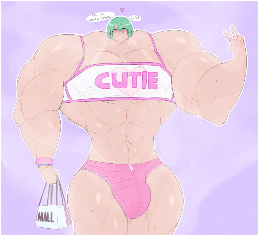 1boy bags blush bulge english_text extreme_muscles femboy green_eyes green_hair heart hyper_muscles male male_only octoboy posing see-through_shirt short_shirt short_shorts small_head smell smile solo standing sweat talking_to_viewer tanline text v what wristband