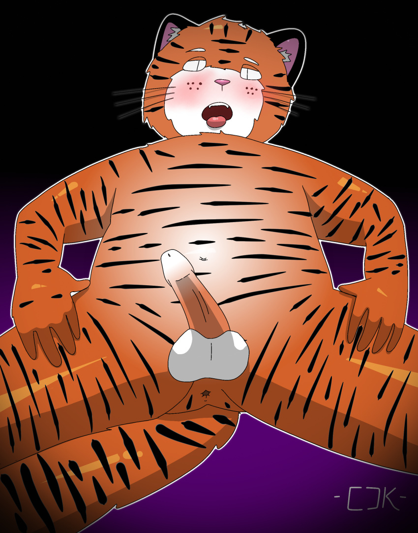 1boy abstract_background anus ass balls black_eyes blush erection feline fur hands_on_thighs humanoid_penis lopsided_penis male male_only mammal orange_fur penis pink_nose presenting presenting_anus slightly_chubby solo spread_legs spreading striped_fur stripes theunokcringe tiger tongue tongue_out whiskers