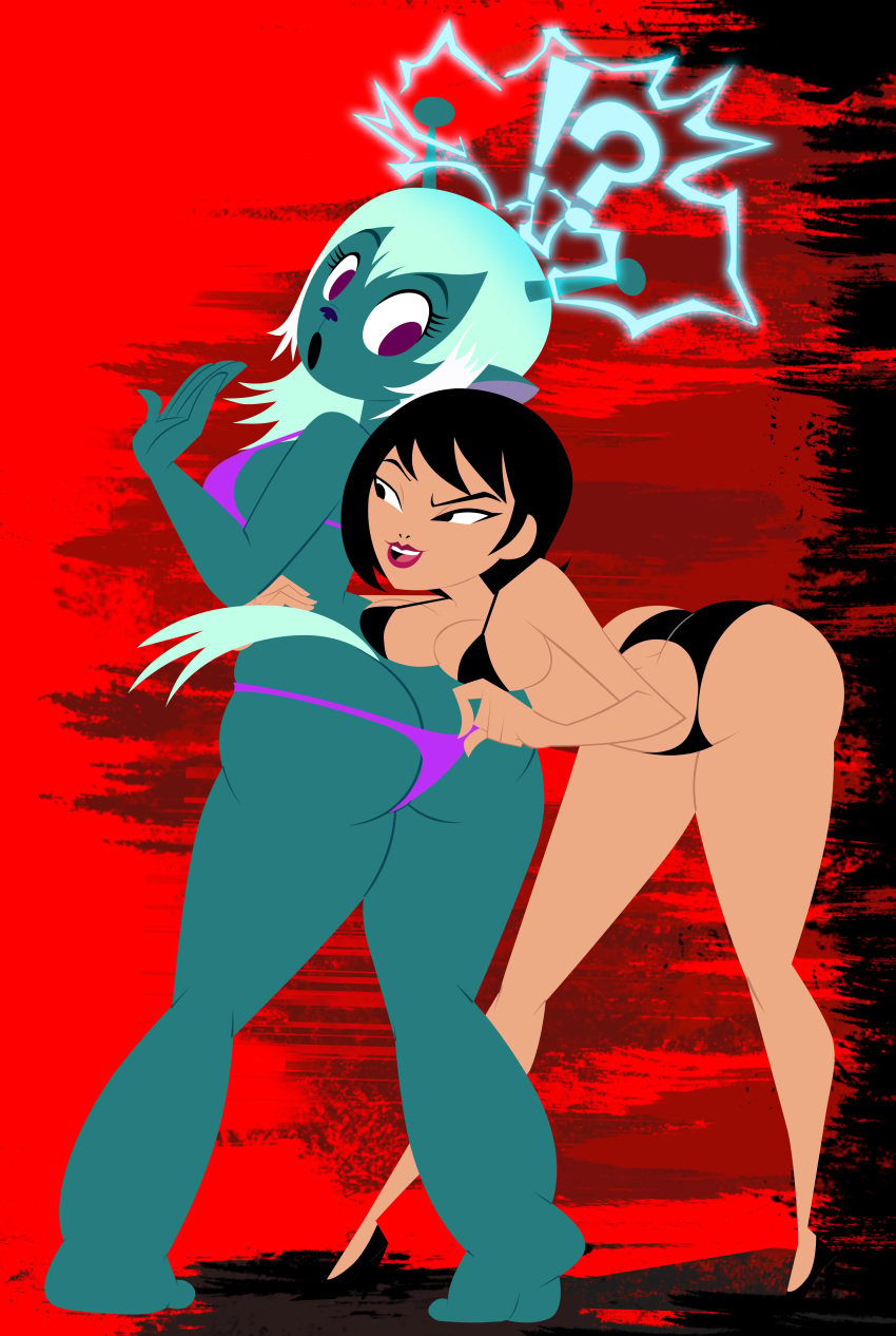 2girls adult_swim alternate_version_available ashi_(samurai_jack) ass_cleavage back_view bare_shoulders barefoot bent_over big_breasts bikini bikini_bottom bikini_top black_hair blue_hair breast_press busty butt_crack cartoon_network cleavage curvy daughters_of_aku detailed_background emoji_alien_(samurai_jack) eyelashes female female_only front_view grimphantom high_heels holding_object hourglass_figure human humanoid larger_female lipstick long_hair looking_back looking_down looking_up makeup midriff multiple_females multiple_girls open_mouth pink_lipstick pointy_ears pose posing purple_eyes round_ass samurai_jack short_hair shorter_female sideboob spread_legs spreading standing swimsuit tall_female taller_girl thick_thighs thin_female thong toonami villainess voluptuous wide_hips