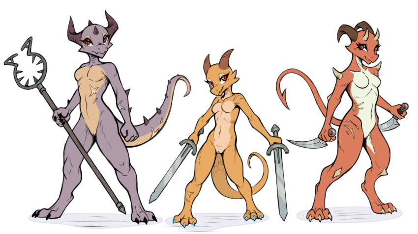 3girls anthro breasts claws dagger eyelashes female grey_skin horn kobold lance looking_at_viewer man_catcher melee_weapon nude orange_skin polearm pussy red_eyes scalie scar serious simple_background size_difference small_breasts smile sorcerushorserus sword tail vulva weapon