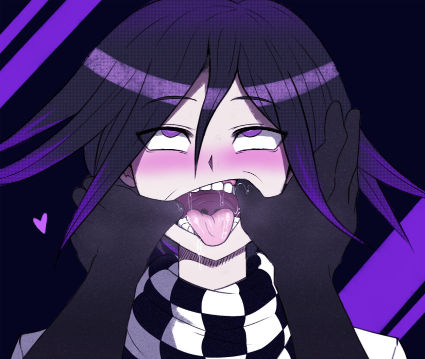 ahe_gao blush danganronpa danganronpa_v3 drooling femboy fingers_in_mouth heart kokichi_ouma male_focus male_only maw octoboy open_mouth ouma_kokichi purple_eyes saliva_drip saliva_string saliva_trail straight_hair striped_scarf tongue_out two_tone_hair