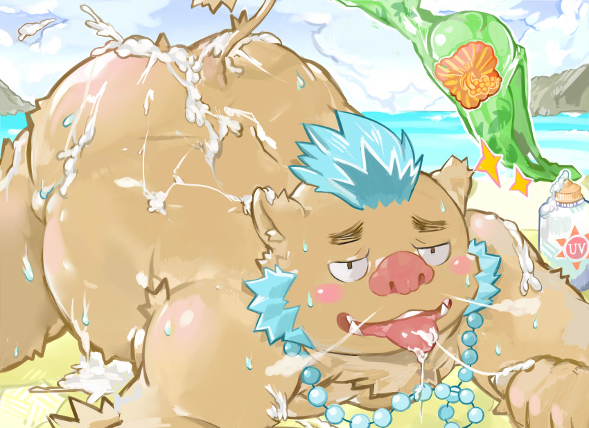 1boy 2018 anthro ass beach blush boar brown_fur fur gouryou male male_only mammal mohawk overweight overweight_male pikaqoo_(artist) porcine seaside solo suggestive_fluid tokyo_afterschool_summoners water