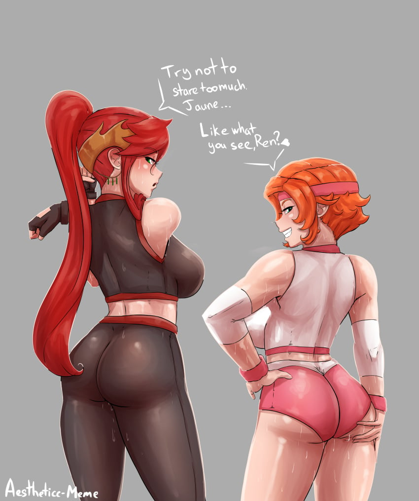 2girls absurdres aestheticc-meme ass big_breasts breasts cleavage dark_sclera english_text female female_only high_ponytail highres human large_breasts long_hair looking_at_viewer looking_back nora_valkyrie pink_shorts ponytail pyrrha_nikos red_hair rwby shiny_hair shiny_skin smile sweat text workout