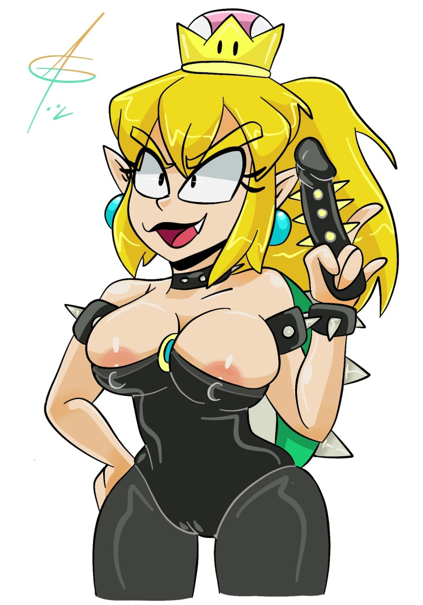 1girls ass black_leotard blonde_hair bowsette breasts busty cleavage crown dildo earrings fang female female_only holding_dildo hourglass_figure huge_breasts ican-t-get-no-satisfaction leotard mario_(series) naughty_face new_super_mario_bros._u_deluxe nintendo nipples open_mouth ponytail rule_63 solo spiked_armlet spiked_bracelet spiked_dildo spiked_shell spikes super_crown teeth thighhighs thong_leotard tight_clothing voluptuous white_background yellow_hair