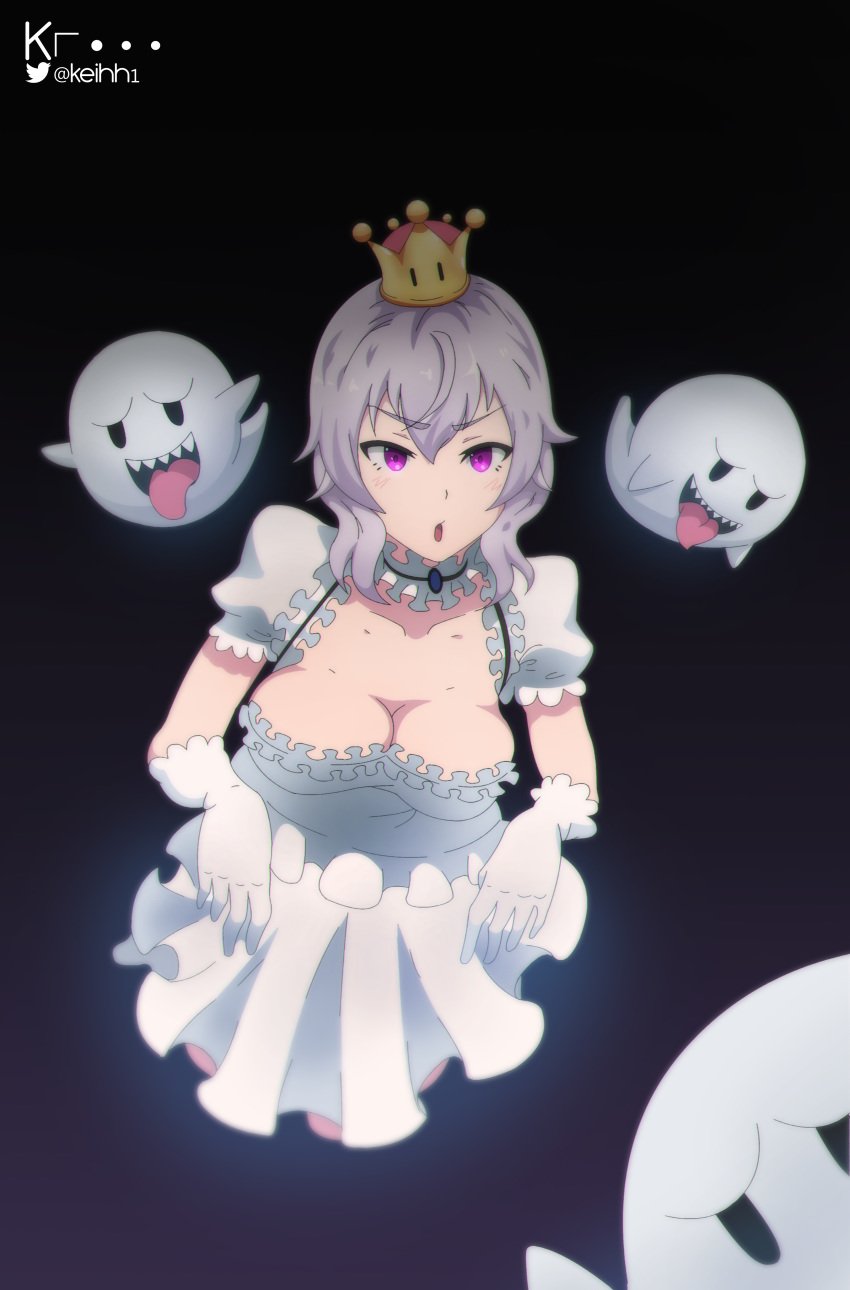 1girls 3others ambiguous_gender boo_(mario) boosette breasts clavicle cleavage clothing dark dress eyes_visible_through_hair female female_focus floating ghost hair keihh looking_at_viewer luigi's_mansion mario_(series) new_super_mario_bros._u_deluxe nintendo open_mouth simple_background tongue tongue_out