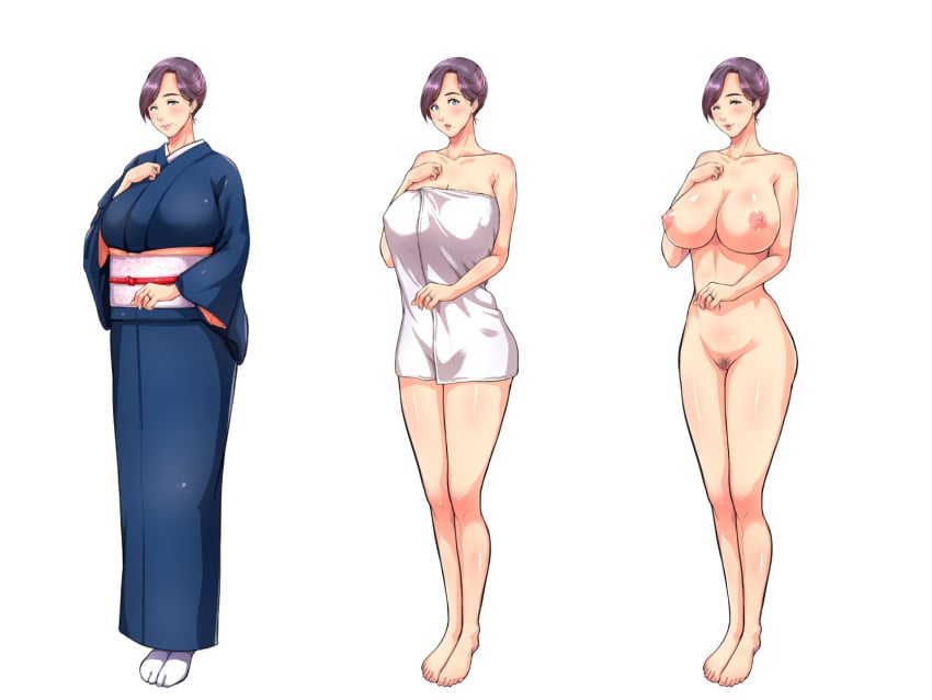 areolae blue_eyes blush breasts closed_mouth erect_nipples feet female full_body groin heavenstar_(studio) highres huge_breasts japanese_clothes kimono legs legs_together measurements naked_towel natsuki_hajime navel nipples nude obi original parted_lips pubic_hair purple_hair pussy ryourinin,_ore._oyakodon_ni_hamerareru sash short_hair simple_background smile socks solo thighs towel white_background white_towel