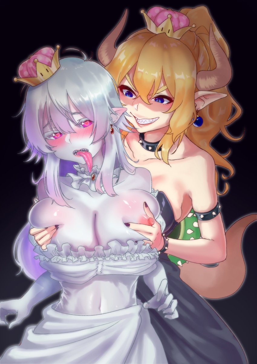 2girls absurdres areola behind_another black_background blonde_hair blue_earrings blue_eyes blush boosette bowsette breast_fondling breast_grab breast_squeeze breasts bride busty cleavage clenched_teeth collar crown detached_collar earrings female_only frilled_collar frills ghost_girl grabbing hario_aoyama heart heart-shaped_pupils highres horns hourglass_figure jewelry large_breasts lesbian licking_lips long_tongue mario_(series) md5_mismatch midriff mind_break mini_crown monster_girl multiple_girls navel new_super_mario_bros._u_deluxe nintendo nipples pink_eyes pointy_ears ponytail red_brooch replaceme rule_63 sharp_teeth silver_hair simple_background slit_pupils spiked_armlet spiked_bracelet spiked_collar spiked_shell spiked_tail spikes super_crown symbol-shaped_pupils teeth tongue tongue_out voluptuous wedding_dress yuri