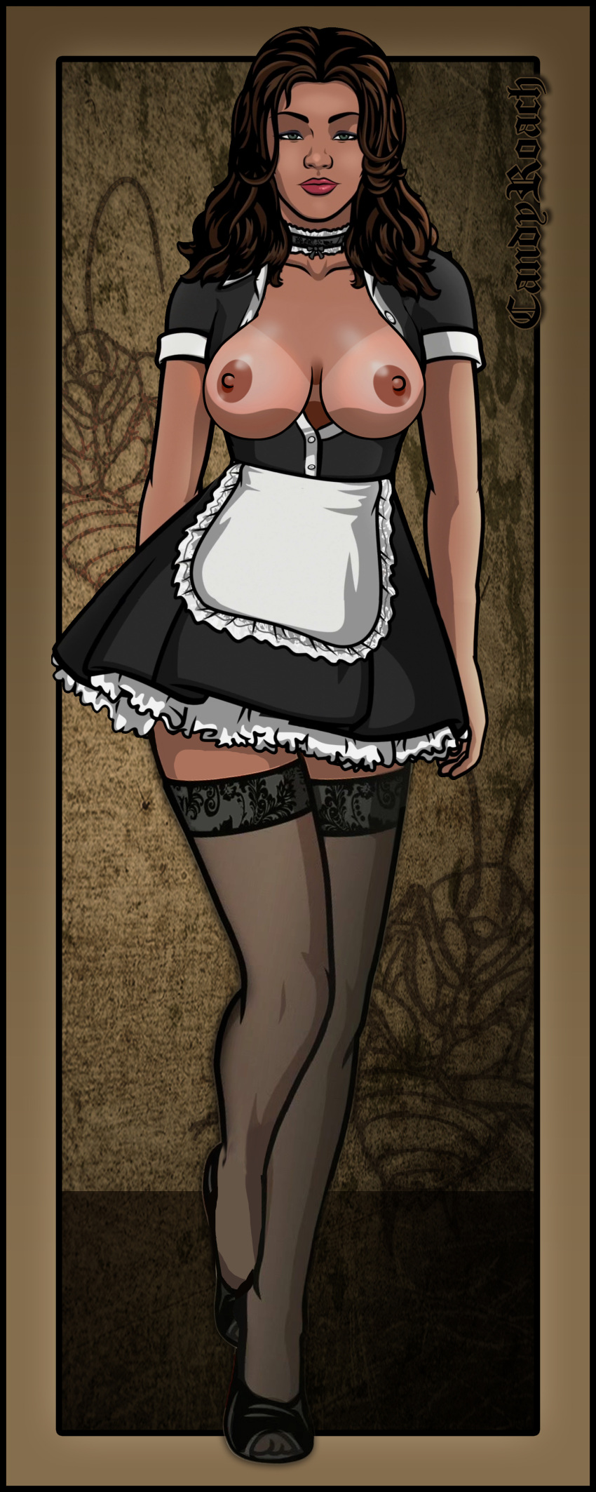 archer_(series) big_breasts big_nipples brown_hair candy_roach choker dark-skinned_female disguise exposed_breasts female french_maid green_eyes lana_kane maid_uniform mature_female no_bra secret_agent spy stockings tanline thighhighs unbuttoned_shirt undercover