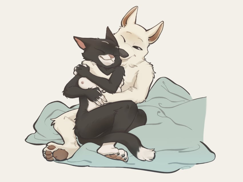 2018 anthro bolt_(character) bolt_(film) canine cuddling cute disney feline female fur german_shepherd junyois male mammal mittens_(bolt) nipples simple_background solo straight white_fur wholesome