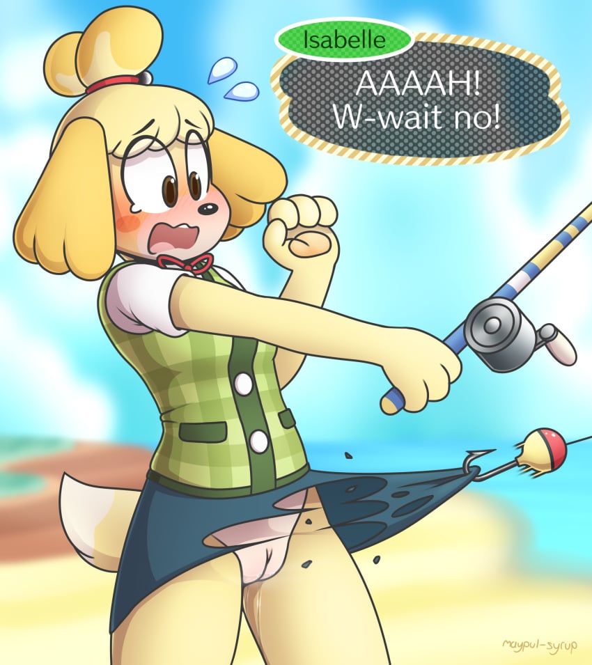 1girls accidental_exposure animal_crossing anthro beach blush breasts cameltoe canine clitoris clothed clothes_stuck_on_object clothing english_text female female_only fishing_rod isabelle_(animal_crossing) lost_clothes mammal maypul_syrup nintendo panties pussy pussy_juice pussy_juice_drip seaside skirt skirt_lift small_breasts solo text torn_clothing video_games wardrobe_malfunction