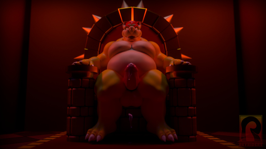 1boy 3d anthro balls belly bowser chair claws erection full_body hair indoors koopa looking_at_viewer male male_only mario_(series) musclegut nintendo nipples nude penis reyriders scalie sitting smile solo spikes super_mario_bros. testicles throne video_games