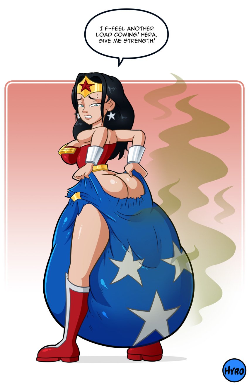 1girls ass ass_cleavage big_ass big_breasts black_hair breasts butt_crack dc_comics dialogue diaper female hyrosdiaperdivas messy_diaper scat soiling stink_lines sweat text wonder_woman wonder_woman_(series)