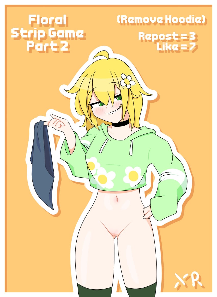 blonde_hair bottomless choker cropped_hoodie floral_foxingdale flower_in_hair green_eyes holding_bottomwear holding_shirt imxr24 orange_background original_character skirt_removed smug strip_game thighhighs twitter_strip_game_(meme) vagina white_outline