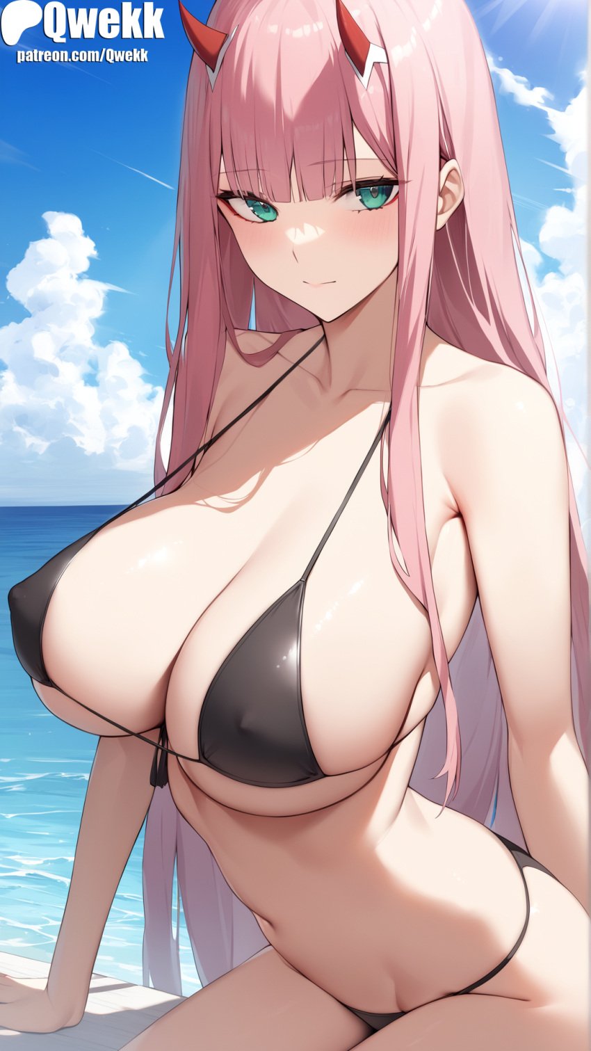 1girls ai_generated bikini black_bikini blue_eyes covered_nipples darling_in_the_franxx female female_focus female_only horn horns light-skinned_female light_skin nipples pink_hair qwekk stable_diffusion zero_two_(darling_in_the_franxx)