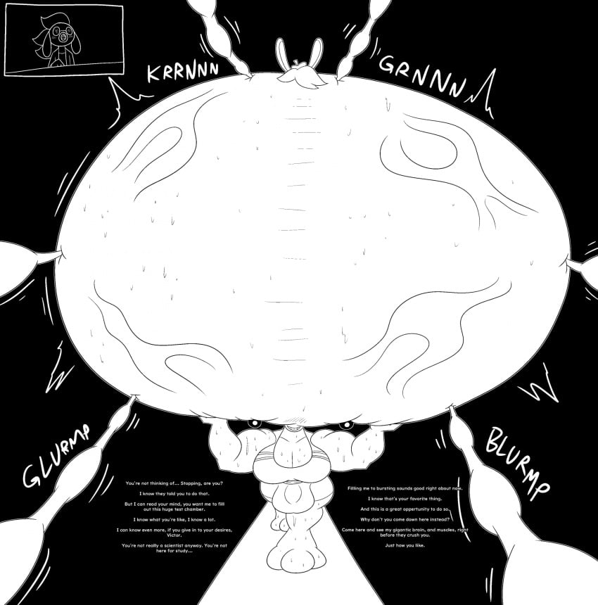 anthro balls balls_outline big_balls big_brain big_breasts big_cranium big_penis black_and_white black_background bodily_fluids brain_expansion brain_growth breasts bulge detailed_bulge dialogue genital_outline genitals grin herm hi_res huge_brain huge_cranium hyper_brain hyper_cranium intersex lagomorph leporid mammal monochrome motion_lines muscular muscular_intersex penis penis_outline rabbit simple_background smile sweat sweatdrop tagme text throbbing_brain throbbing_head tremble_spikes veiny_head viddibus