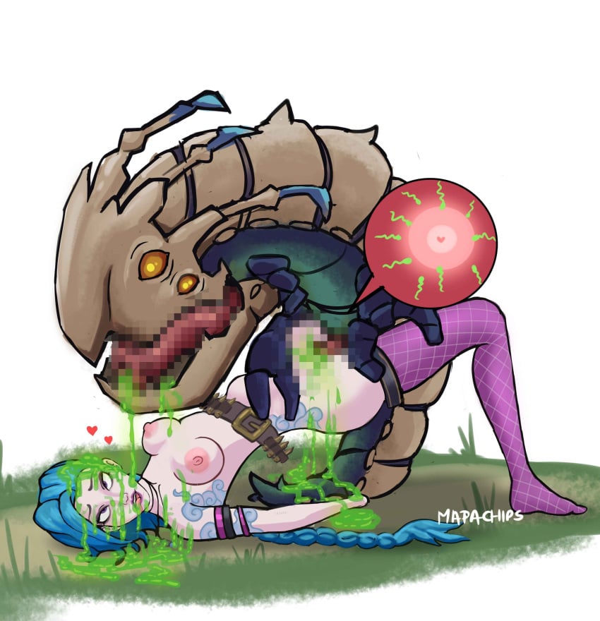 1boy 1girls ahe_gao ambiguous_consent barefoot blue_hair censored clothed_sex clothes defeated defeated_heroine feet female fluids green_cum impregnation insects intercourse interspecies jinx_(league_of_legends) kog'maw league_of_legends male mapachips missionary_position monster monster_cock one_sock penetration pixiv_commission riot_games semi_nude sex skinny small_breasts tatooine tired vaginal_penetration video_games zoophilia