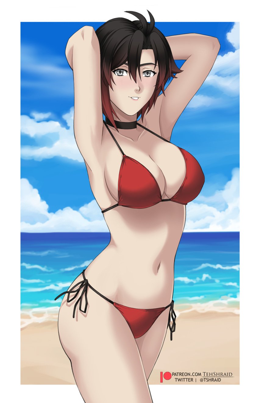 1girls armpits arms_behind_head beach big_breasts bikini breasts busty cleavage female female_only large_breasts legs looking_at_viewer navel ocean parted_lips posing psoe red_bikini ruby_rose rwby sensual sexy_armpits smile solo swimsuit tagme tehshraid thighs tshraid walking water