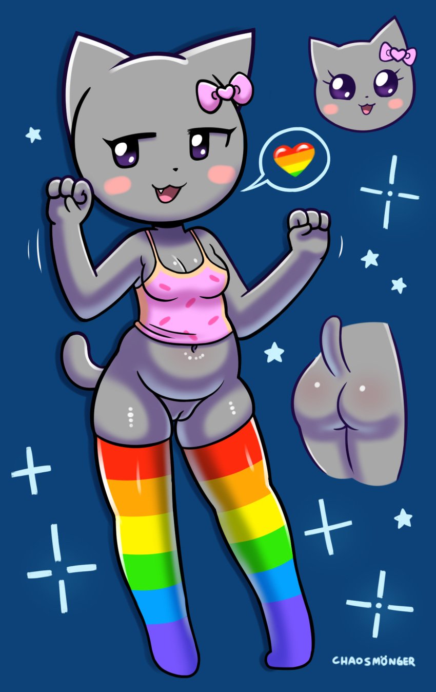 ass blush bow_(feature) breasts clothing disfigure domestic_cat felid feline felis female footwear genitals hi_res legwear mammal meme multicolored_clothing multicolored_footwear multicolored_socks navel nyan_cat pussy rainbow_clothing rainbow_footwear rainbow_heart rainbow_socks shirt signature small_breasts socks solo star tank_top thigh_highs topwear