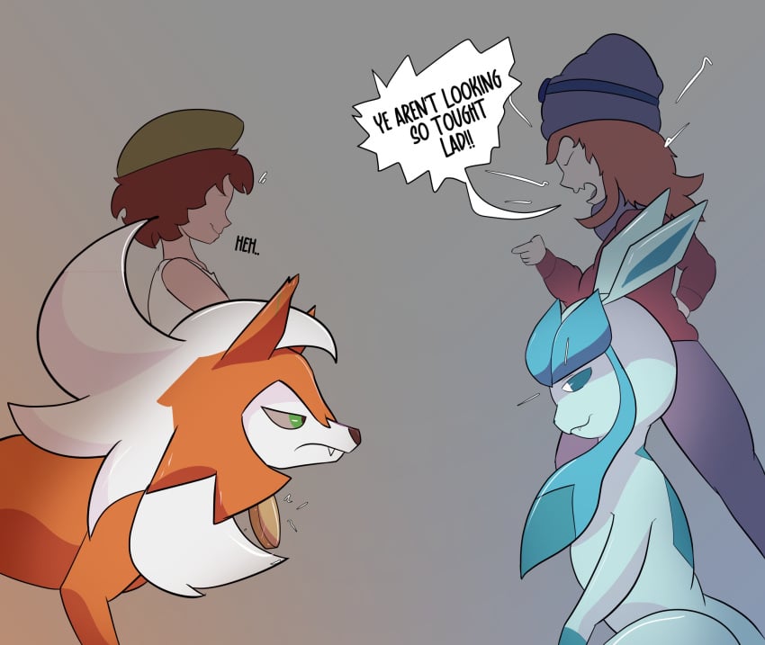 angry anthro argument dusk_lycanroc eeveelution female feral generation_4_pokemon generation_7_pokemon glaceon group hi_res human jewelry lycanroc male male/female mammal nintendo pendant pokemon pokemon_(species) smug smug_face standing stare tad_shummar_(artist) yelling yelling_at_another