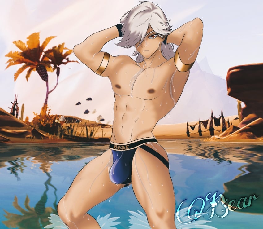 1boy bulge cyno_(genshin_impact) desert gay genshin_impact long_hair male solo yaoi