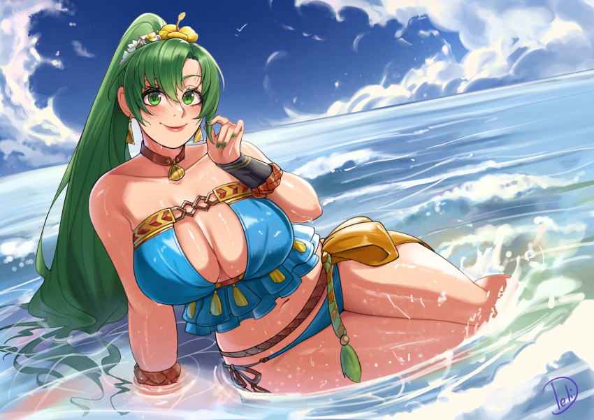 1girls absurdres alternate_costume bare_thighs bikini blue_bikini blue_swimsuit breasts brown_choker choker clam_shell cleavage deliciousbra deliciousbrain female female_only fire_emblem fire_emblem:_the_blazing_blade fire_emblem_heroes flower flower_armlet green_hair hair_flower hair_ornament highres jewelry large_breasts leather_choker looking_at_viewer lyn_(fire_emblem) lyn_(summer)_(fire_emblem) necklace nintendo ocean official_alternate_costume outdoors shell shell_necklace smile solo strapless strapless_bikini swimsuit thick_thighs thighs water