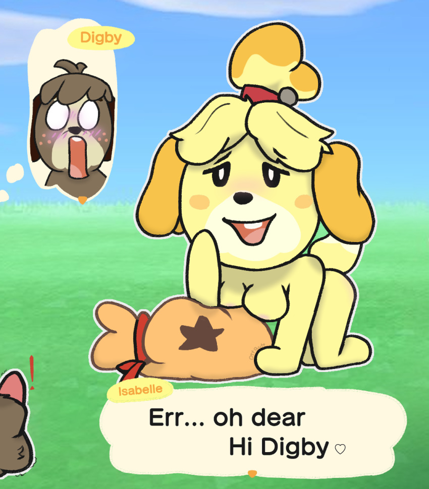 animal_crossing animal_genitalia animal_penis anthro balls bells_(animal_crossing) bent_over blush breast_squish breasts brother_(lore) brother_and_sister_(lore) canid canine canine_genitalia canine_penis canis digby_(animal_crossing) domestic_dog female fur genitals hair half-erect hi_res incest_(lore) isabelle_(animal_crossing) male male/female mammal nintendo nipples nude otterbutts penis sheath shih_tzu sibling_(lore) sister_(lore) squish surprised_expression tail teasing toy_dog yellow_body yellow_fur