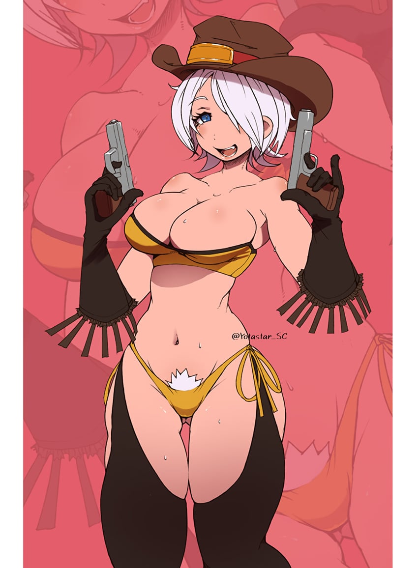 1girls angel_(kof) artist_name big_breasts blue_eyes breasts busty cleavage cowboy_hat feet_out_of_frame female female_only gloves gun hair_over_one_eye hat highres king_of_fighters large_breasts legs looking_at_viewer midriff naughty_face navel oerba_yun_fang pubic_hair pubic_hair_peek short_hair smile snk solo standing strapless teeth thick_thighs thighs thong tongue tube_top voluptuous weapon white_hair yotastar zoom_layer