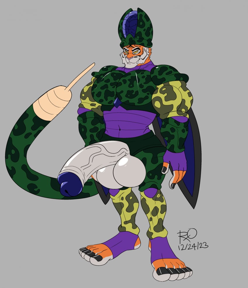 anthro balls big_balls big_brain big_cranium big_penis cell_(dragon_ball) digital_media_(artwork) dragon_ball epic_games feet felid fortnite genitals grey_background hi_res huge_cock humanoid_feet hyper hyper_genitalia hyper_penis male mammal nails oscar_(fortnite) pantherine penis plantigrade rxq simple_background solo stinger_tail tagme tiger toenails toes vein veiny_penis