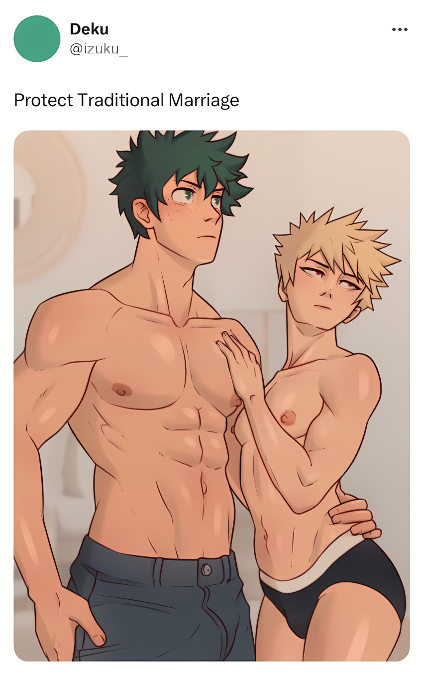 2boys bakugou_katsuki blonde_male couple gay green_hair_male humispicy izuku_midoriya katsuki_bakugou male_nipples male_only meme my_hero_academia protect_traditional_marriage solo_male twitter