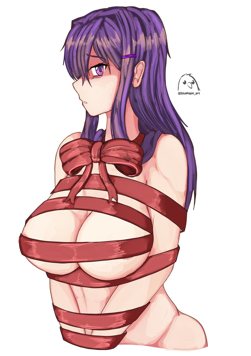 artist_logo artist_name bluekapo bow breasts cleavage collarbone cropped_torso doki_doki_literature_club ear female female_only hairclip head_to_side large_breasts long_hair looking_at_viewer naked_ribbon parted_lips purple_eyes purple_hair purple_hairclip red_bow red_ribbon sidelocks simple_background solo tagme tied_arms v_arms white-skinned_female white_background yuri_(doki_doki_literature_club)