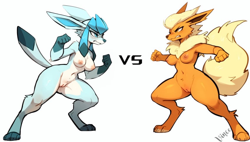 2girls ai_generated angry anthro anthrofied blonde_hair blue_hair breasts eeveelution flareon furry glaceon legs nipples nude pokemon pokemon_(species) pokemorph pussy stable_diffusion standing tail vince_ai