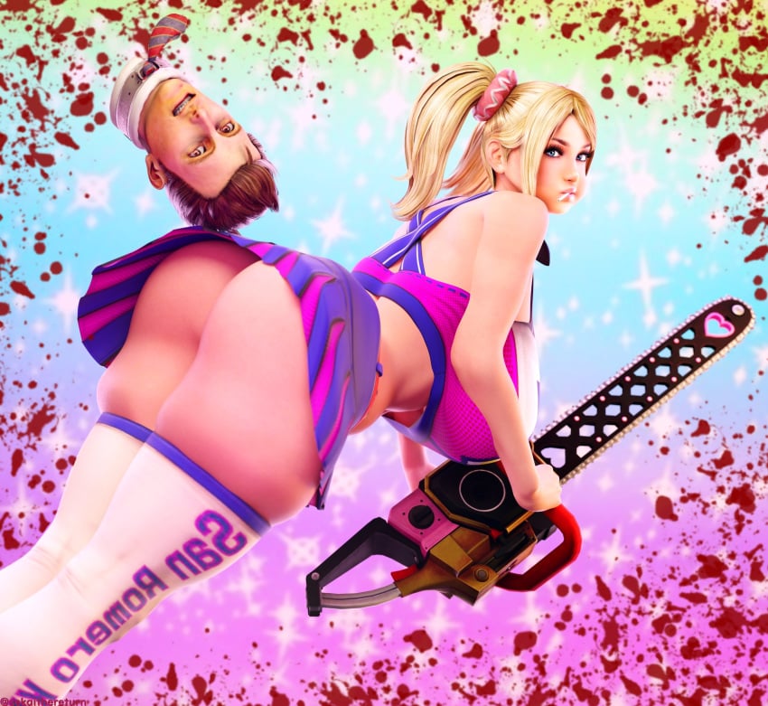 3d ass bare_midriff big_breasts blonde_hair blue_eyes breasts brown_eyes bubble_butt busty chainsaw cheerleader cheerleader_uniform crop_top disembodied_head female female_focus hourglass_figure juliet_starling large_breasts lollipop lollipop_chainsaw long_hair makeup male miniskirt nick_carlyle sekaithereturn short_hair sideboob skirt tagme thick_thighs thighhighs twintails upskirt wide_hips