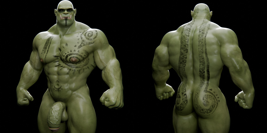 3d_(artwork) abs absurd_res balls digital_media_(artwork) duo fangs genitals green_body green_skin hi_res humanoid humanoid_pointy_ears male markings muscular muscular_humanoid muscular_male nipples not_furry orc orc_male pecs penis teeth vein veiny_penis voluox