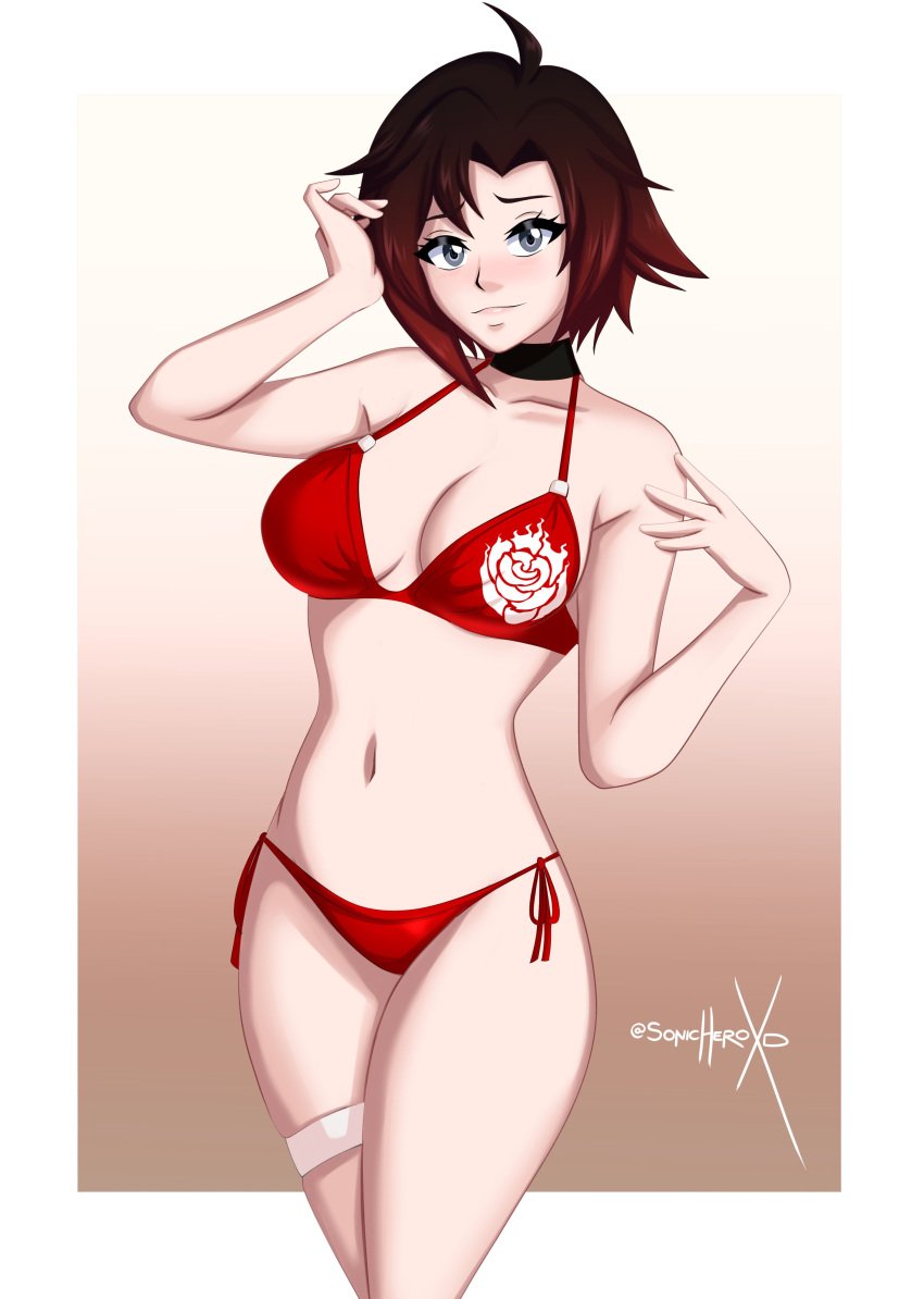 breasts female female_only looking_at_viewer ruby_rose rwby solo sonicheroxd swimsuit