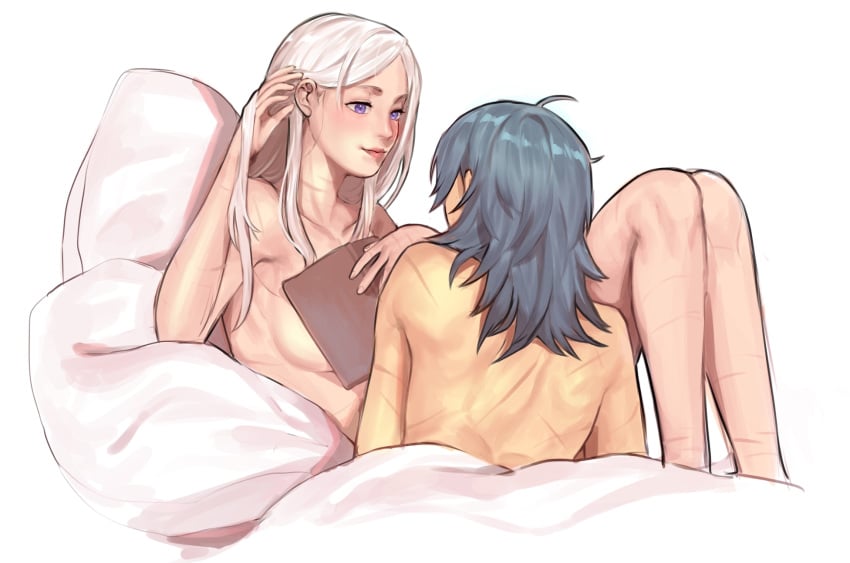 2girls bed bed_sheet blue_hair blush book breasts byleth_(female)_(fire_emblem) byleth_(fire_emblem) byleth_(fire_emblem)_(female) completely_nude completely_nude_female cuddling edelgard_von_hresvelg female/female female_only female_with_female fire_emblem fire_emblem:_three_houses girls girls_only large_breasts lesbian long_hair looking_at_another nintendo nude only_female purple_eyes radiostarkiller smile white_hair wholesome yuri